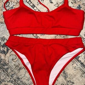 Red Women teens Junior two Piece Swim Set top M( 6) bottom L(8-10) by SHEIN